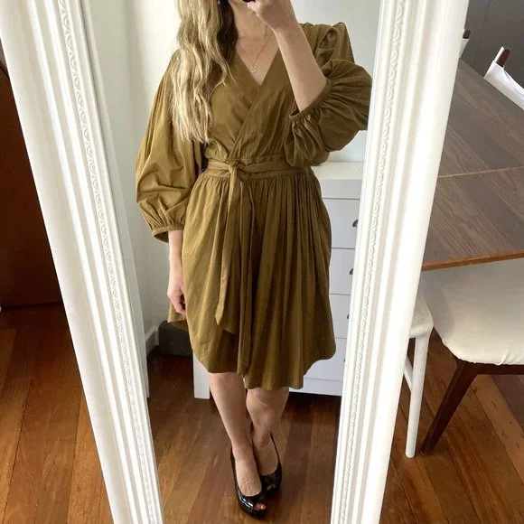 YAS Medium 10 Mustard Long Sleeve Dress RRP $129 Balloon Knee Length Ermi Cotton - Picture 7 of 12